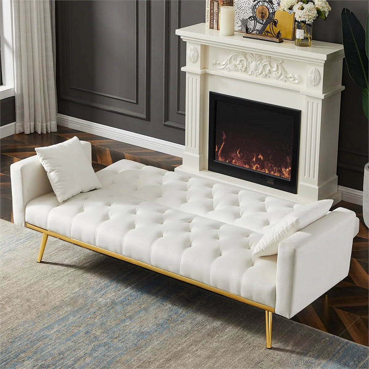 Cream White Velvet Convertible Futon Sofa Bed W322780