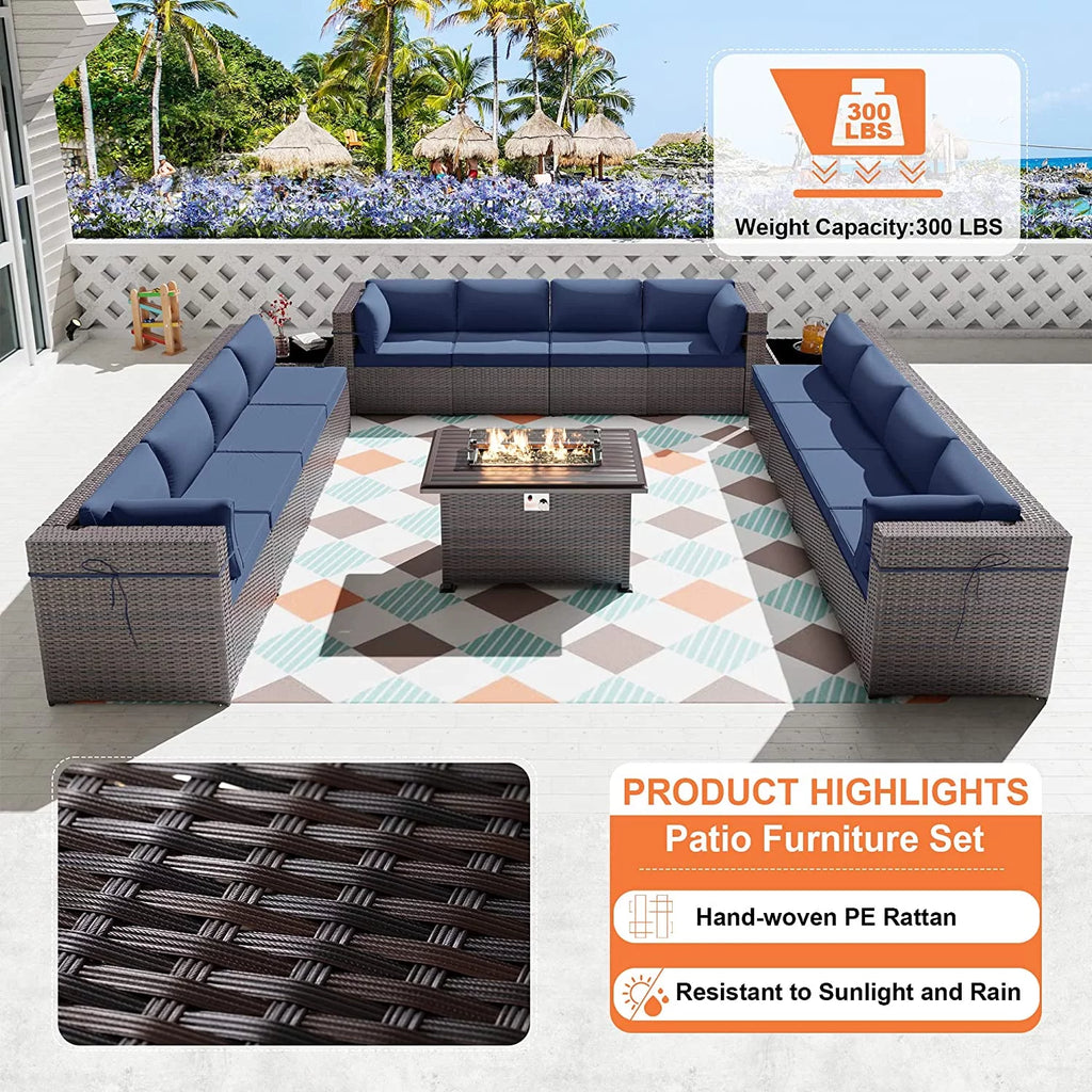 15 Pieces Outdoor Patio Furniture Set with Propane Fire Pit Table Navy Blue M1290