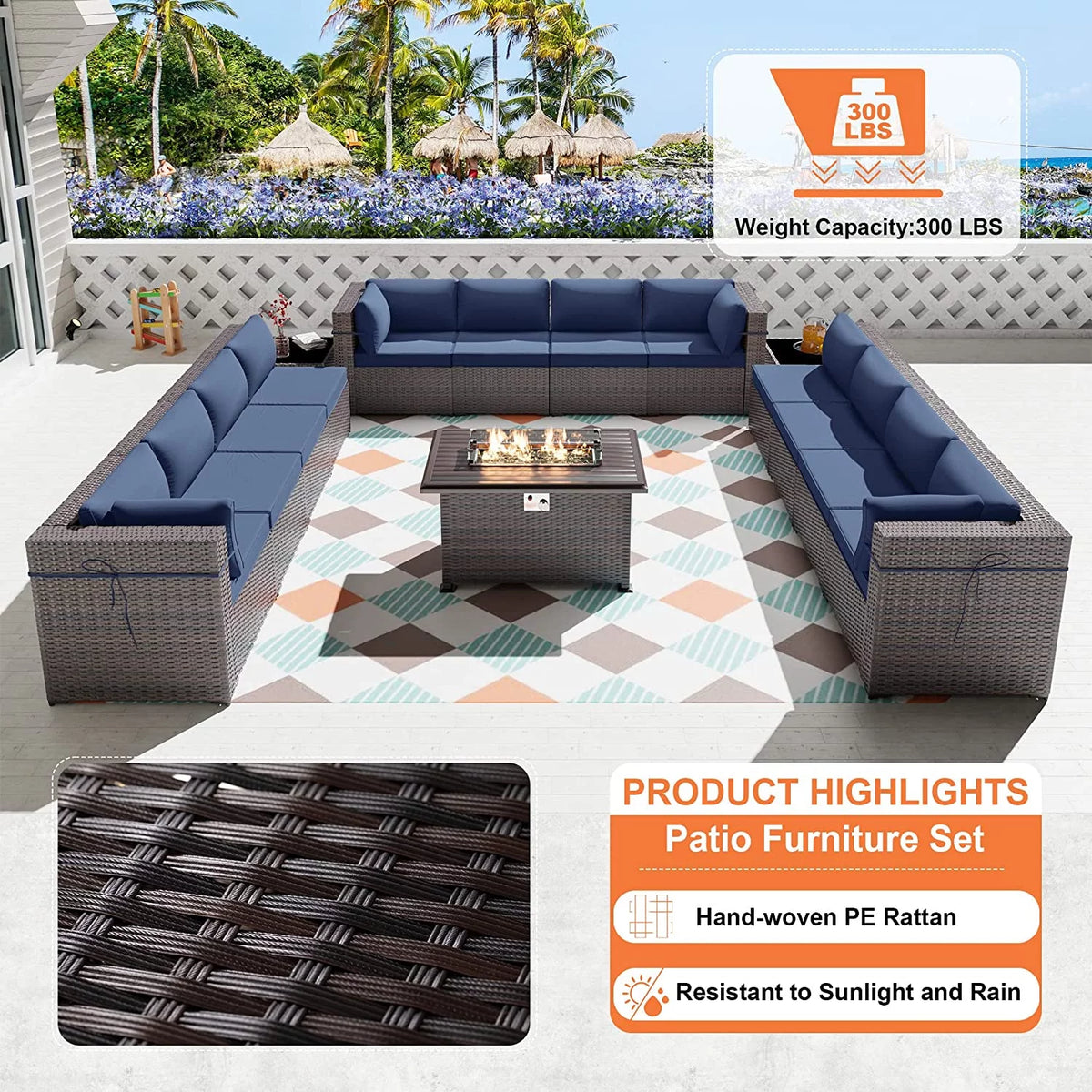 15 Pieces Outdoor Patio Furniture Set with Propane Fire Pit Table Navy Blue M1290