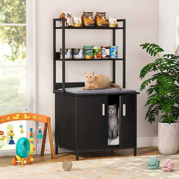 Black Litter Box Enclosure with Shelves and Doors G98861