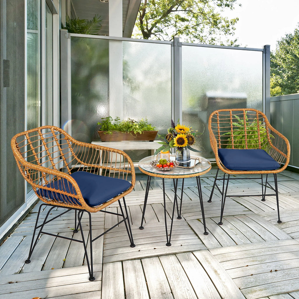 3 Pc Cushioned Patio Rattan Bistro Set X8969