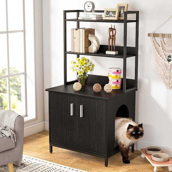 Black Litter Box Enclosure with Shelves and Doors G98861