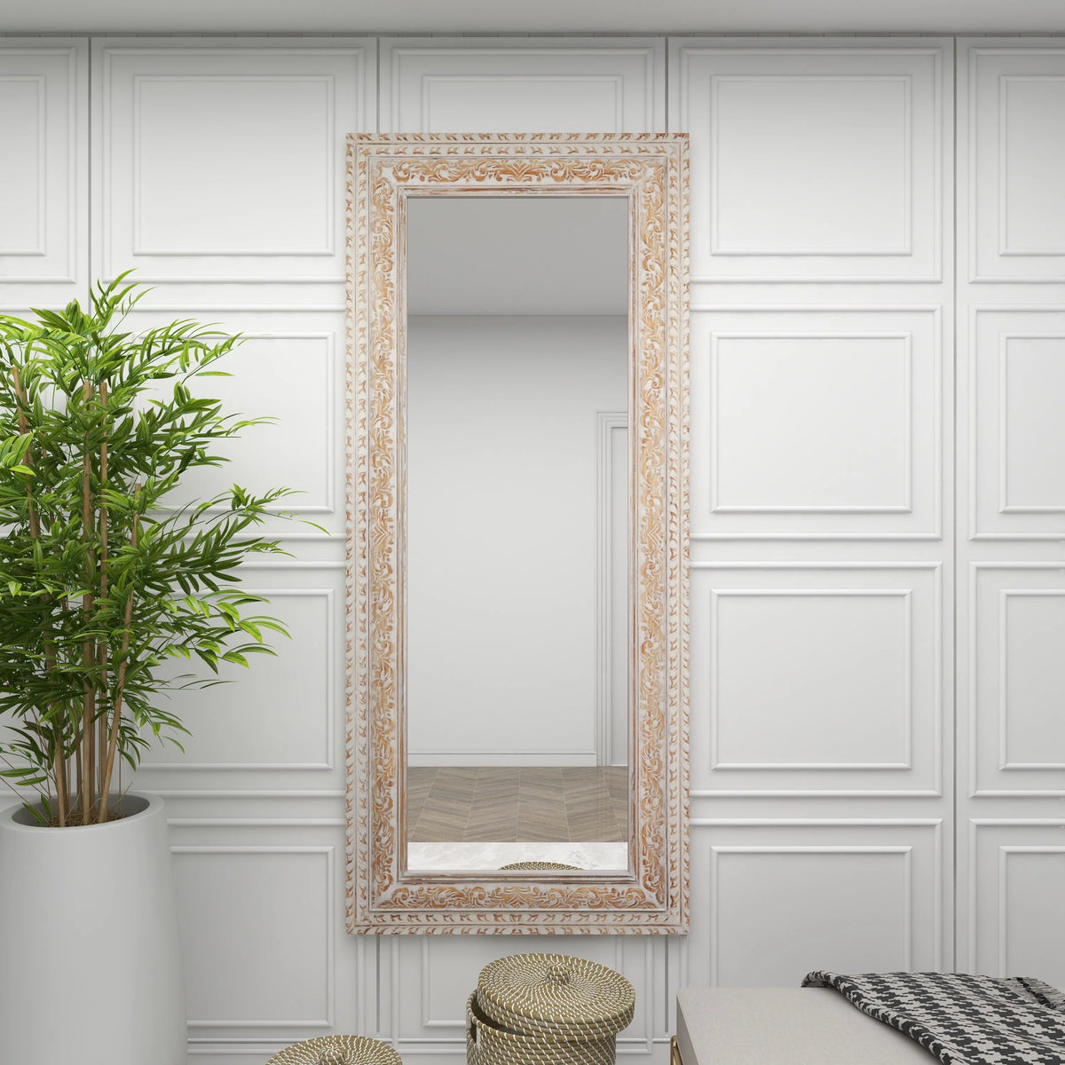 White Carved Floral Wall Mirror R845881