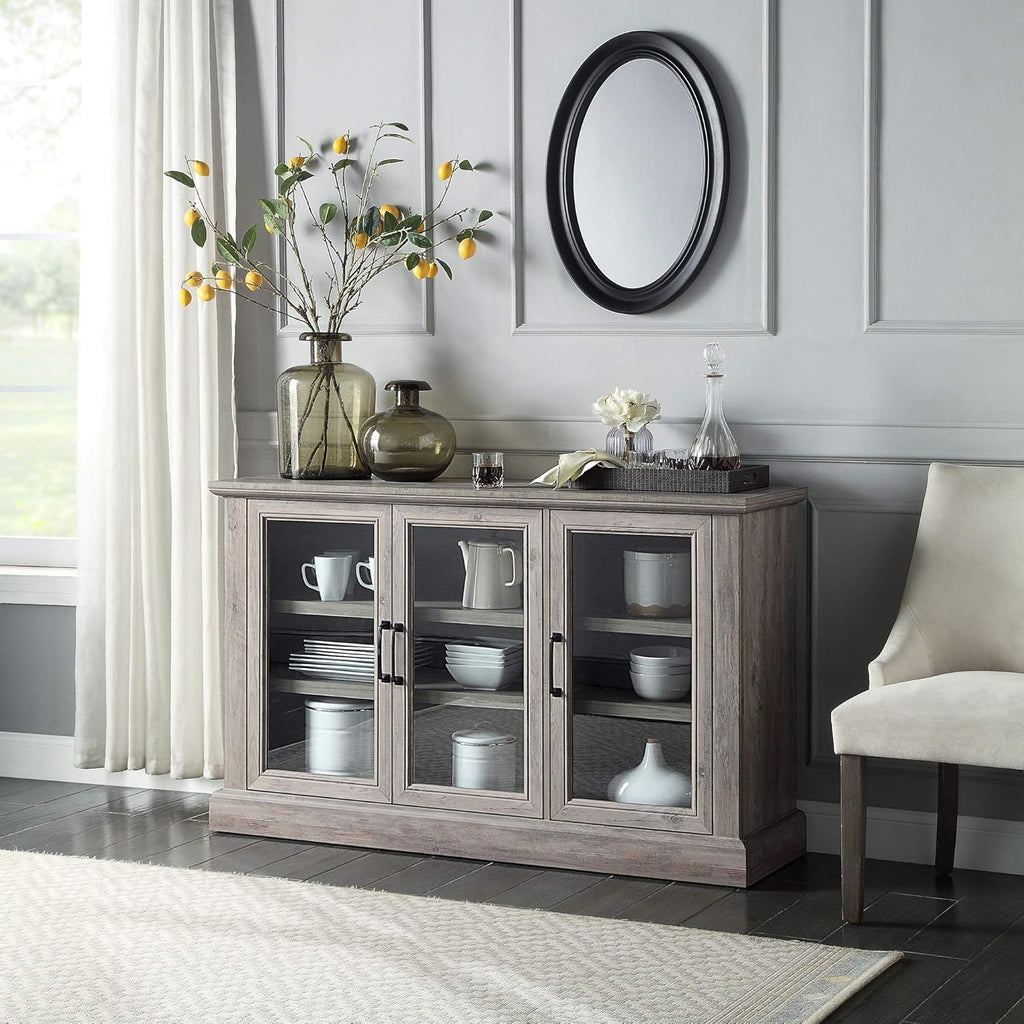 Rustic Grey Wood Sideboard Buffet with Storage Cabinet and Glass Doors K569