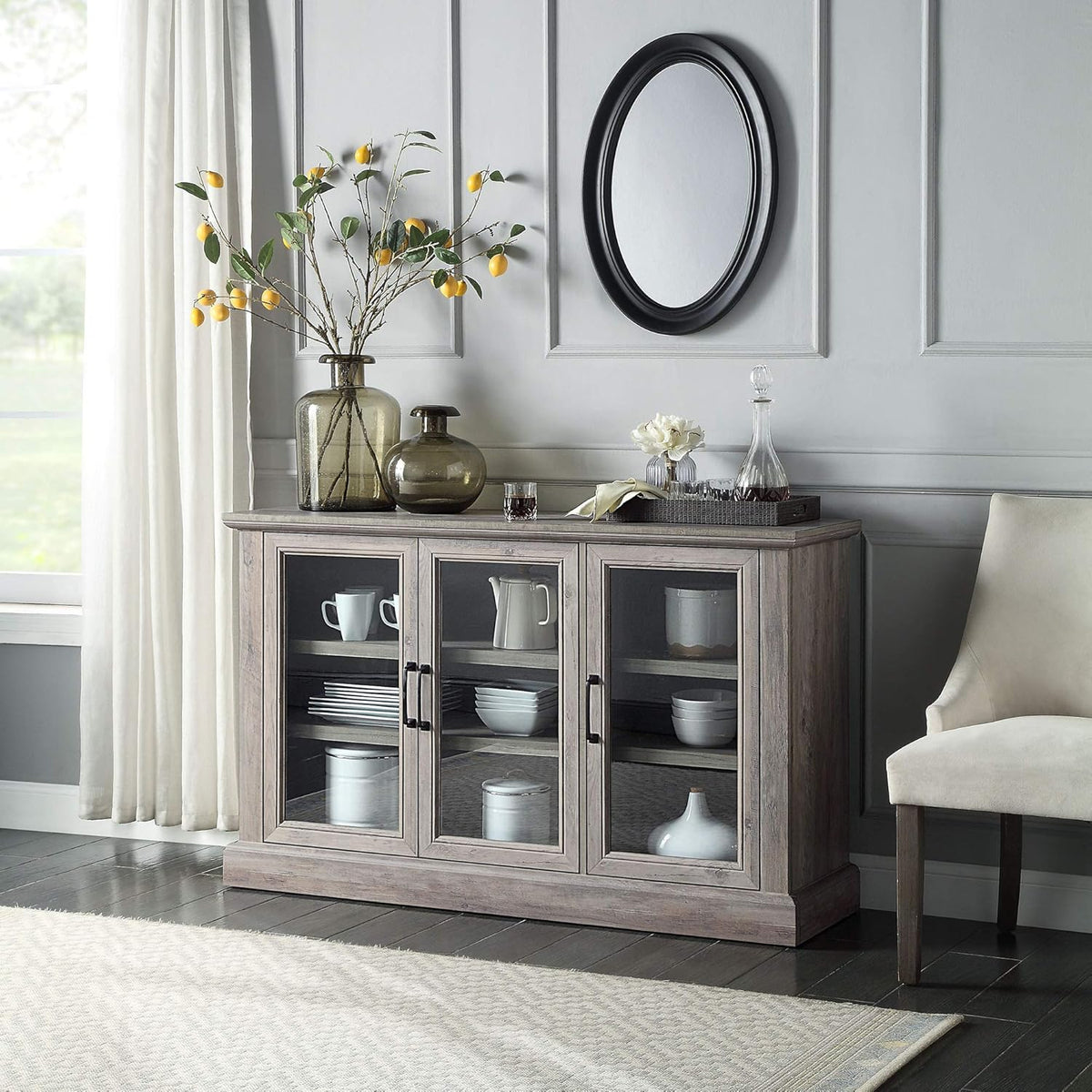 Rustic Grey Wood Sideboard Buffet with Storage Cabinet and Glass Doors K569