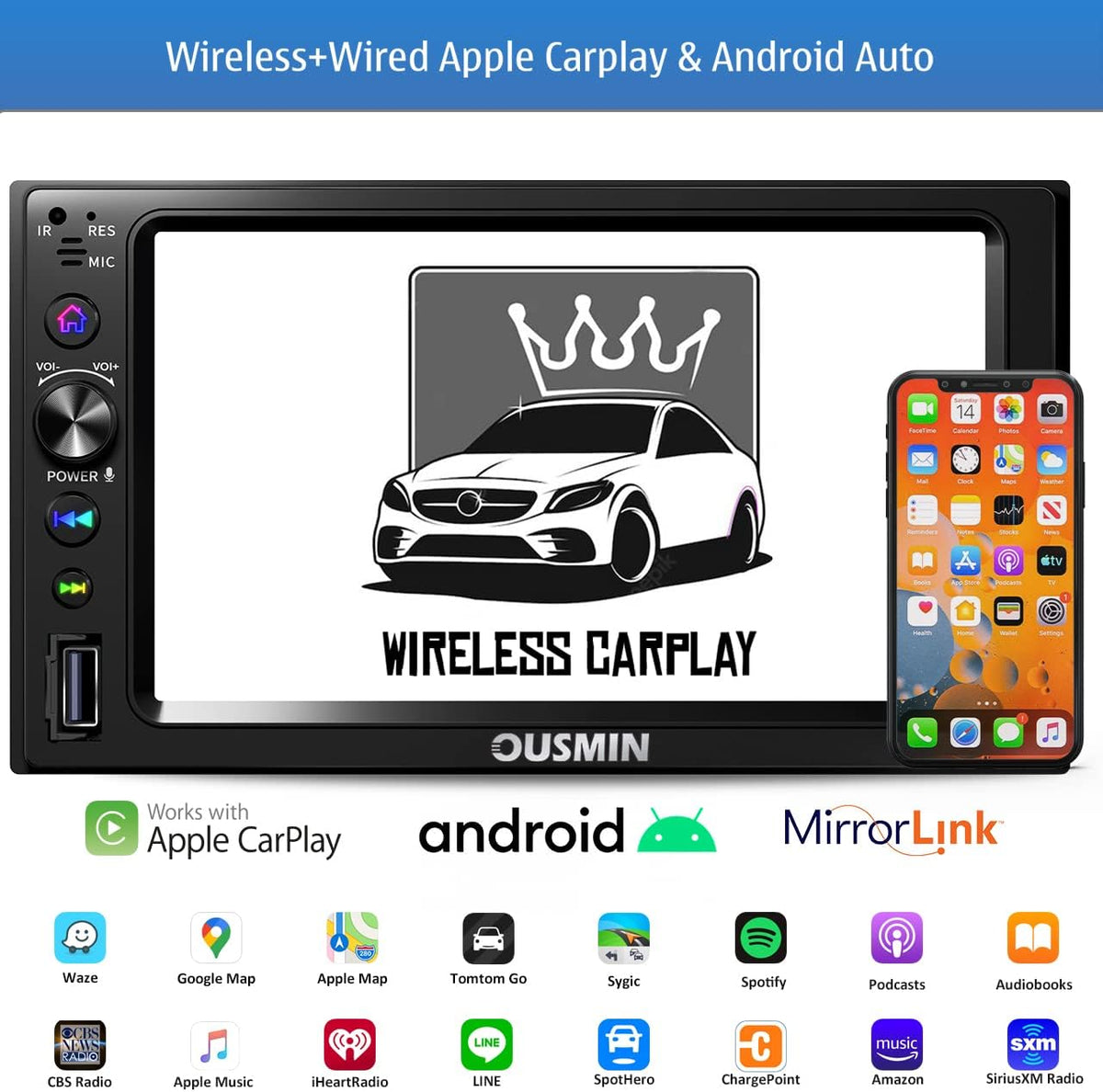 7'' Touch Screen Car Stereo with Wireless Carplay, Android Auto, Back Cam H9505