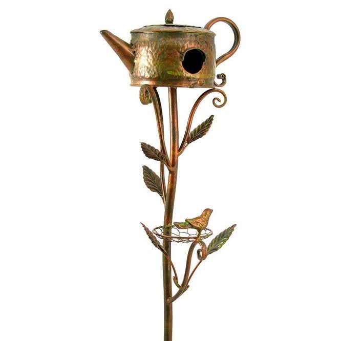 Antique Copper Teapot Birdhouse Garden Stake W3768