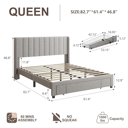 Queen Size Upholstered Platform Bed Frame with 1 Storage Drawer O58505
