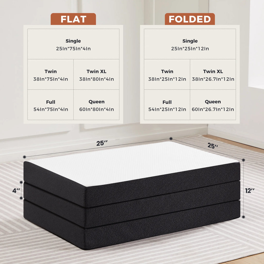 4 inch Tri-fold Memory Foam Mattress Topper with Washable Cover U68402