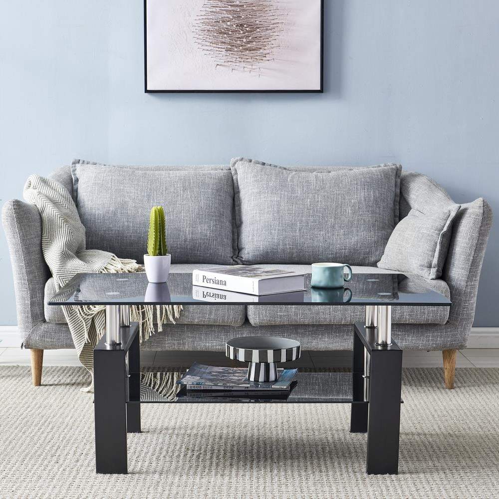 Rectangle Glass Coffee Table with Lower Shelf Metal Legs H885