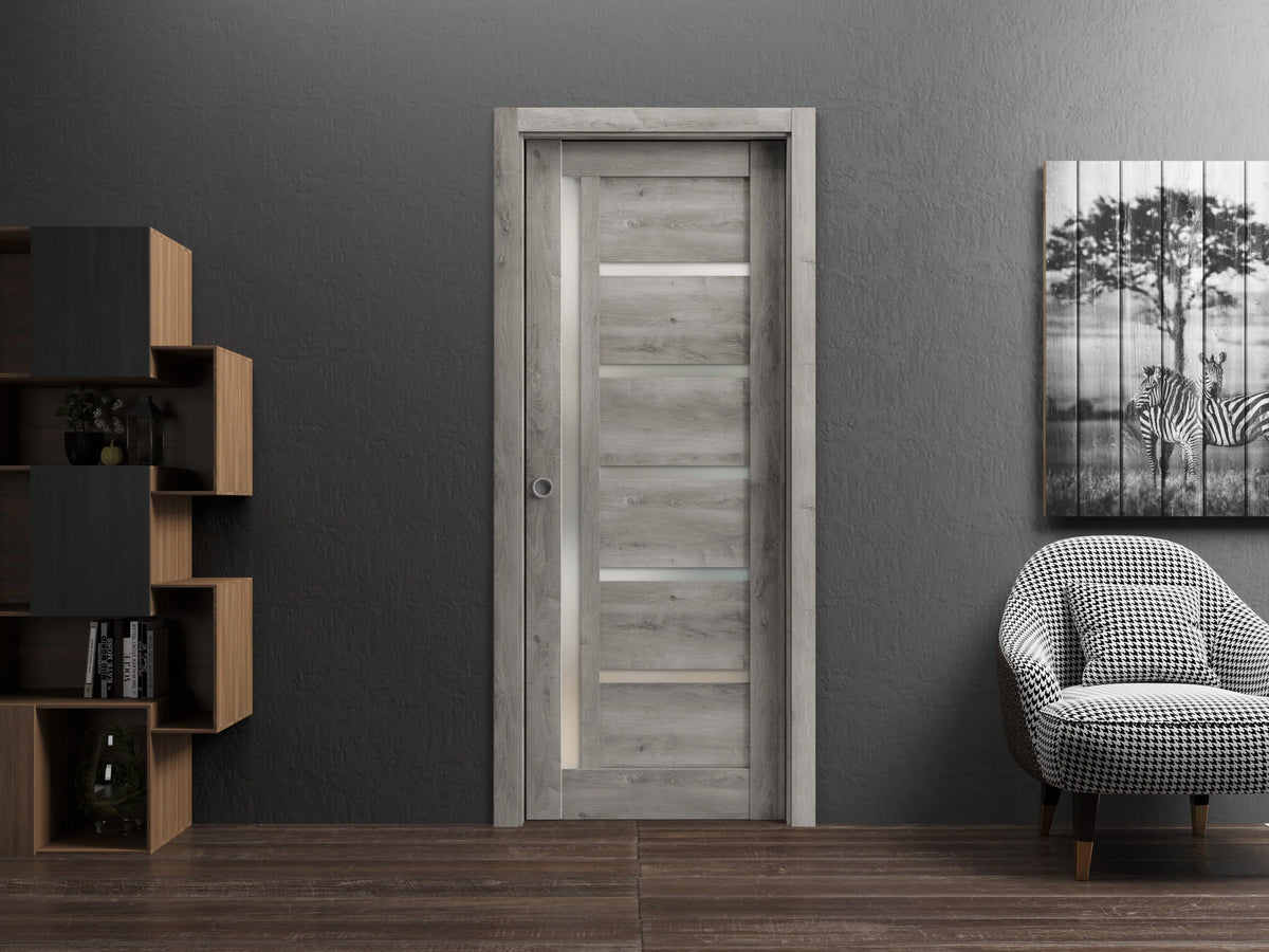 Sliding French Pocket Door 24 x 84 inches with Frosted Glass Solid Wood Interior Door X8787