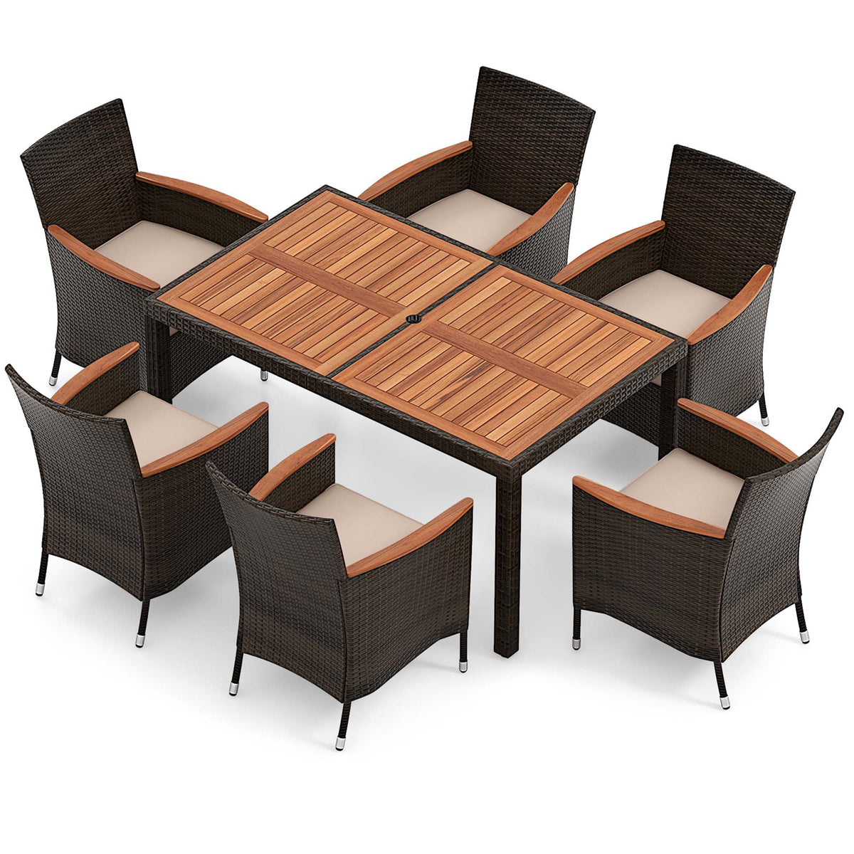 7 Pieces Outdoor Wicker Dining Set with Acacia Wood Table A537885