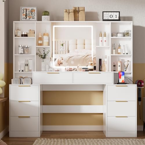 Large White Makeup Vanity Desk with Lighted Mirror and Power Outlet U551