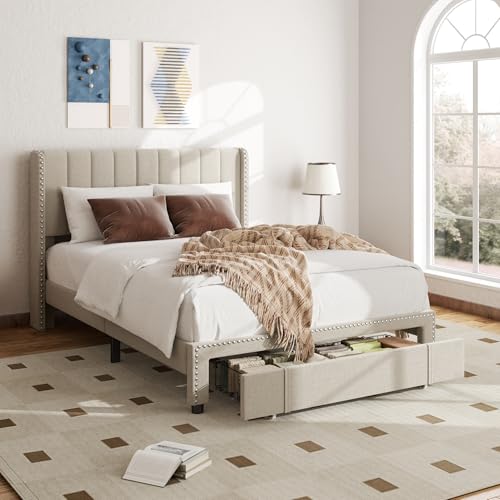 Queen Size Upholstered Platform Bed Frame with 1 Storage Drawer O58505