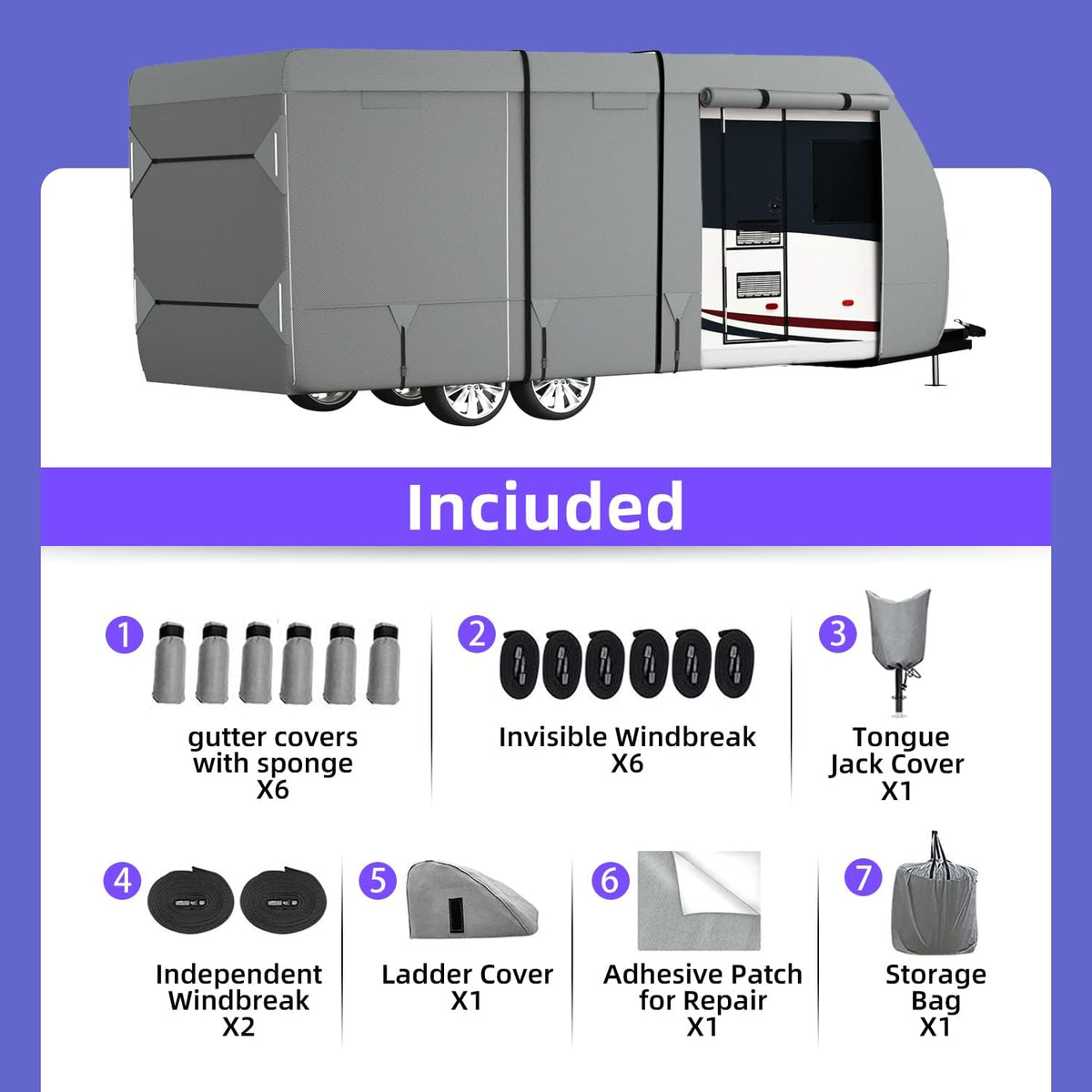RV Cover 7 Layers Top Camper Cover for 27' to 30' RV with Tongue Jack Cover R976