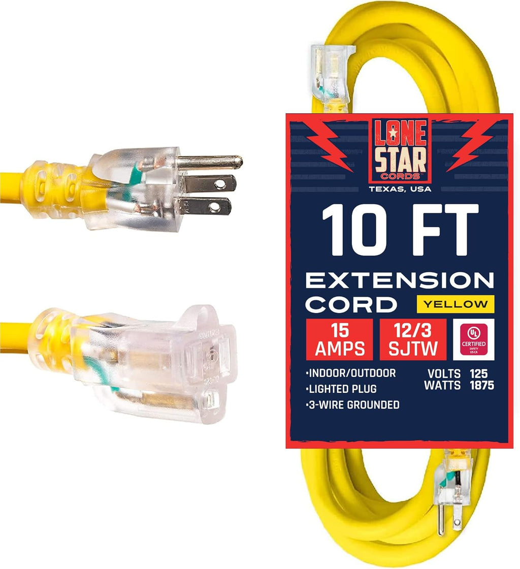 75 Foot 12/3 SJTW Lighted Extension Cord Yellow 3 Prong Grounded Plug 12 Gauge Cable Pack of 2 V819732