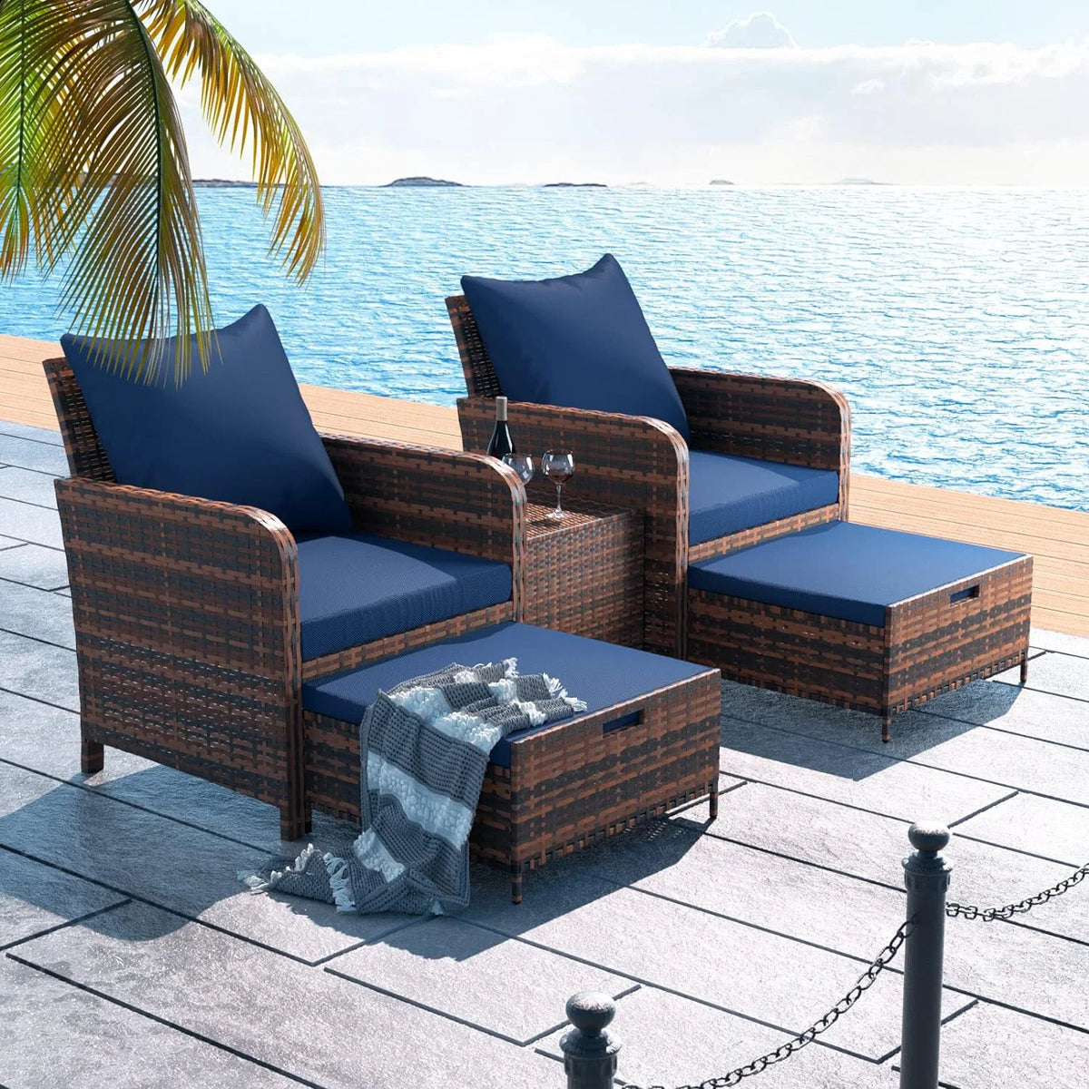 5 Piece Patio Conversation Rattan Chair Set with Storage Coffee Table R12296