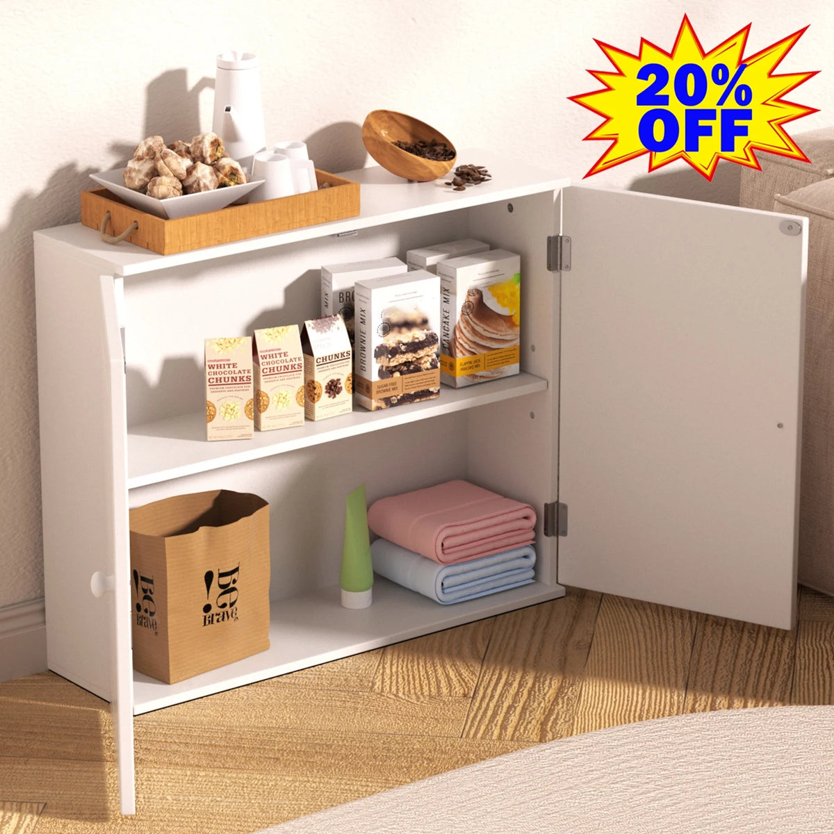 White Free Standing Wooden Bathroom Storage Cabinet with Double Doors S103998