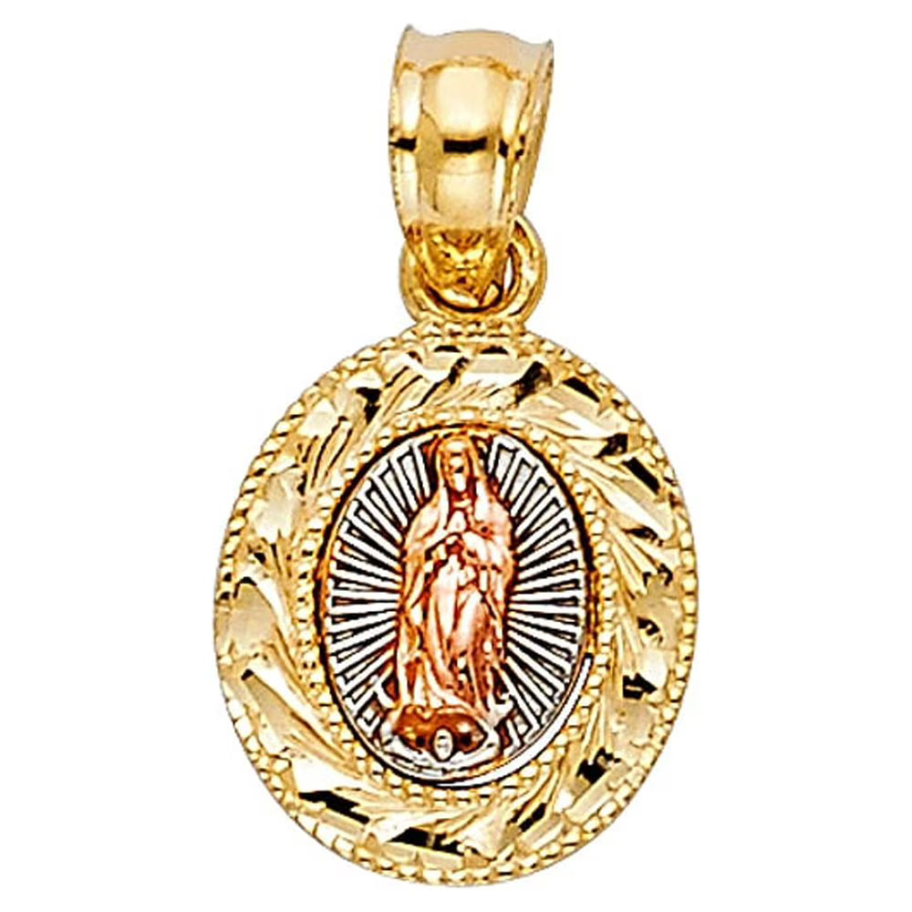 14k Yellow Gold White Gold and Rose Gold Our Lady Of Guadalupe Pendant Necklace 10x15mm H4802