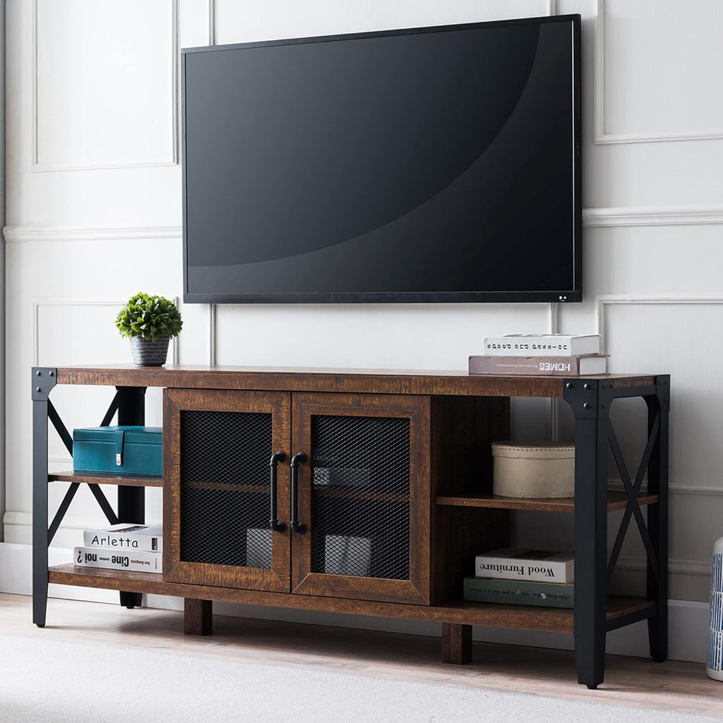 Large Brown Wood TV Stand with Metal Side X-Frame U5311