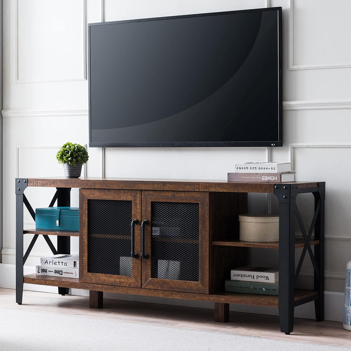 Large Brown Wood TV Stand with Metal Side X-Frame U5311