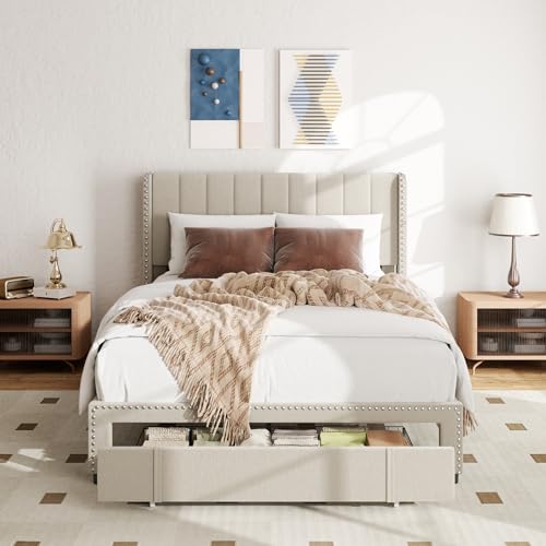 Queen Size Upholstered Platform Bed Frame with 1 Storage Drawer O58505
