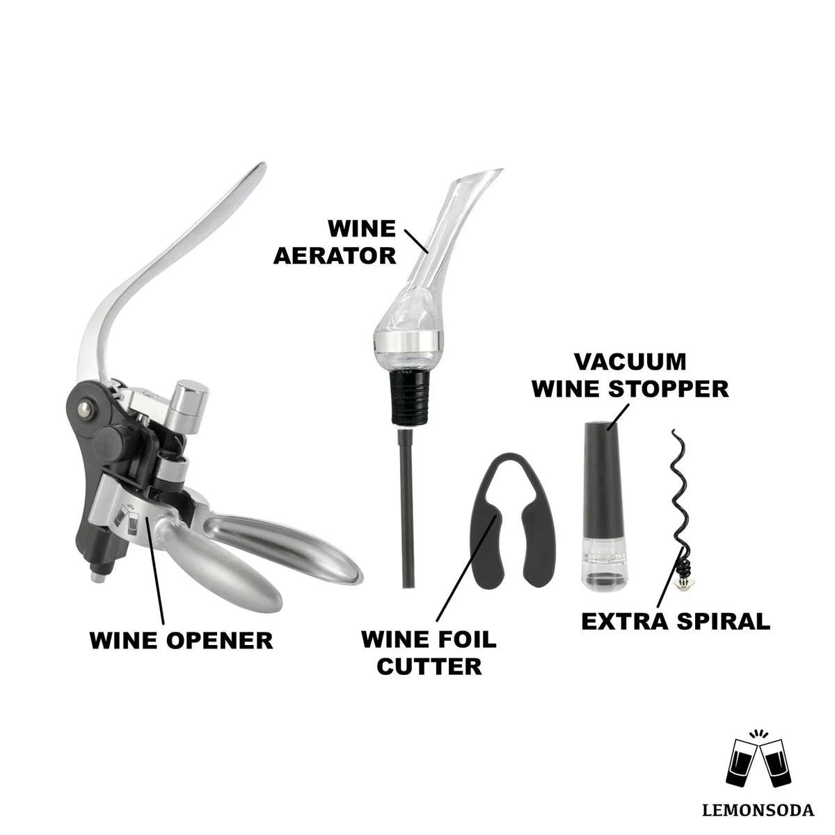 Wine Bottle Opener Kit with Corkscrew, Pourer, Foil Cutter, Stopper U667284
