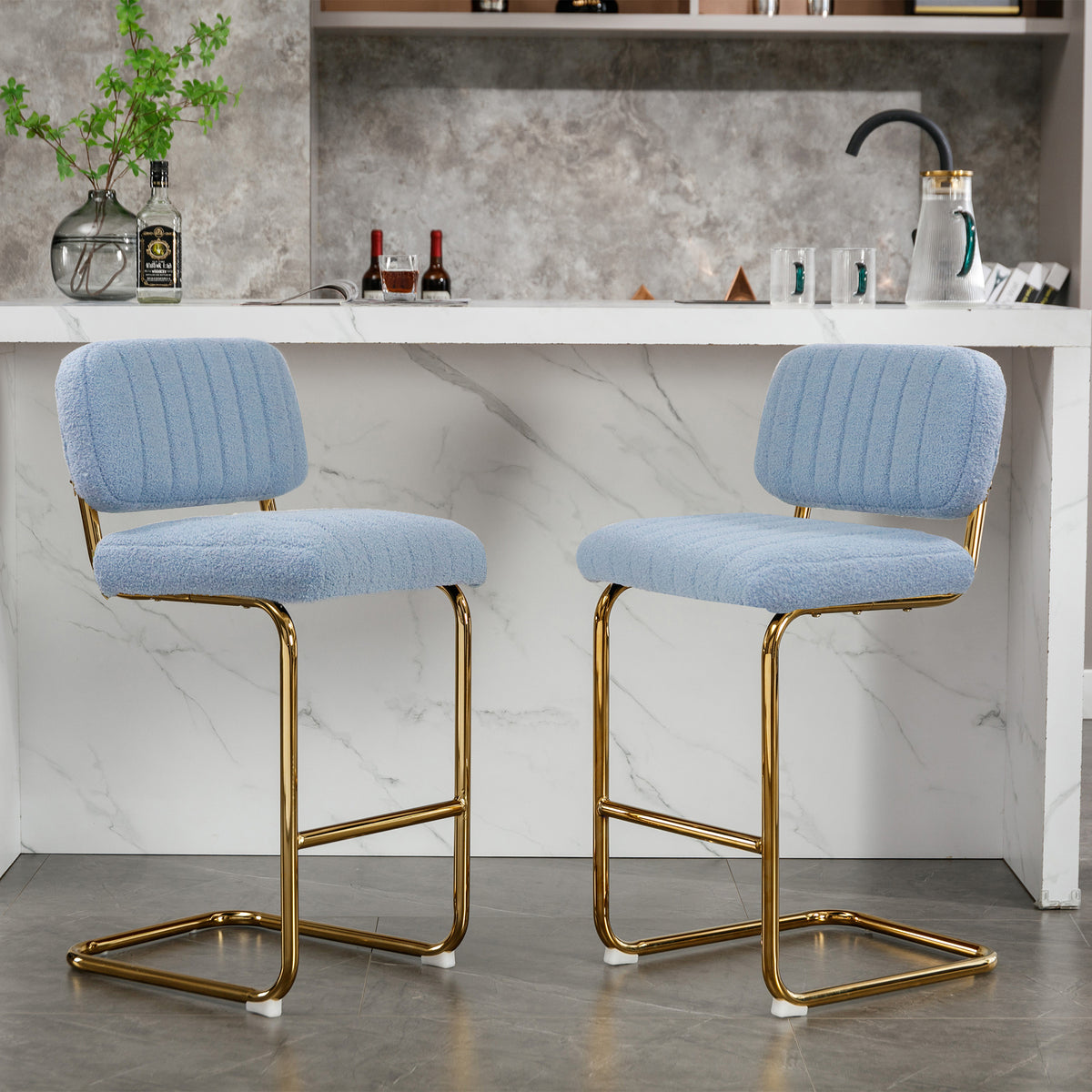 Blue Boucle Upholstered Bar Stools Set of 2 L67869
