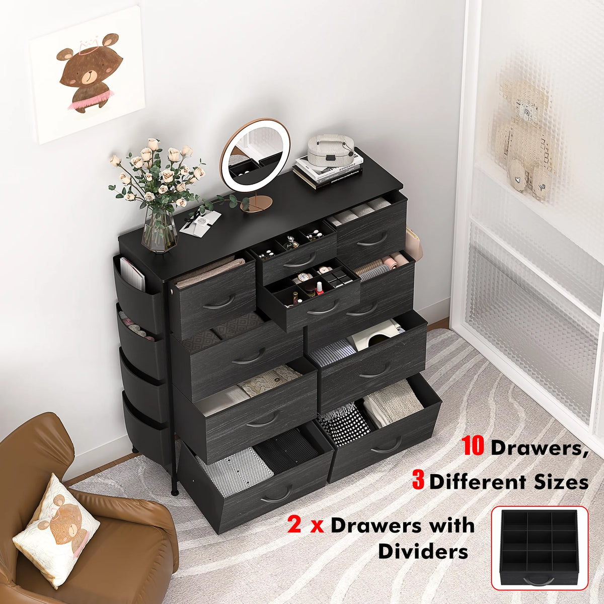 Black 10 Drawer Fabric Dresser with Wood Top W671351