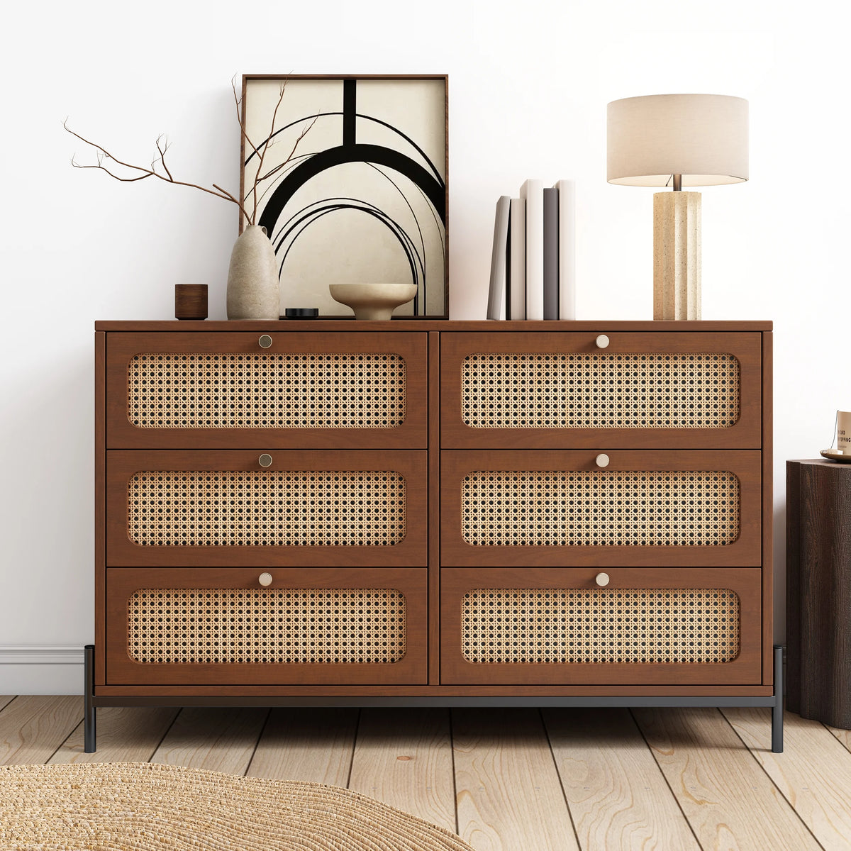 Walnut 2-Drawer Rattan Wood Side Table E152887