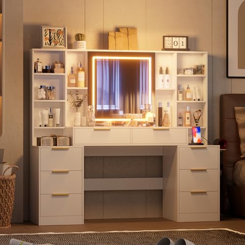 Large White Makeup Vanity Desk with Lighted Mirror and Power Outlet U551