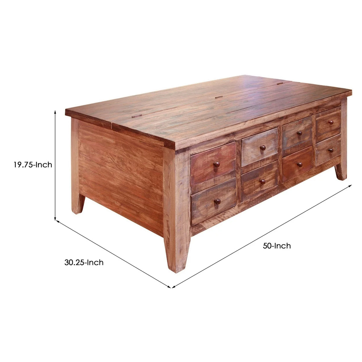 50 Inch 8 Drawer Lift Top Pine Wood Coffee Table I7458