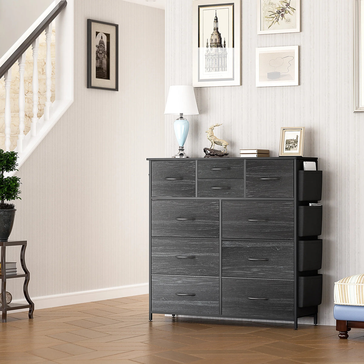 Black 10 Drawer Fabric Dresser with Wood Top W671351