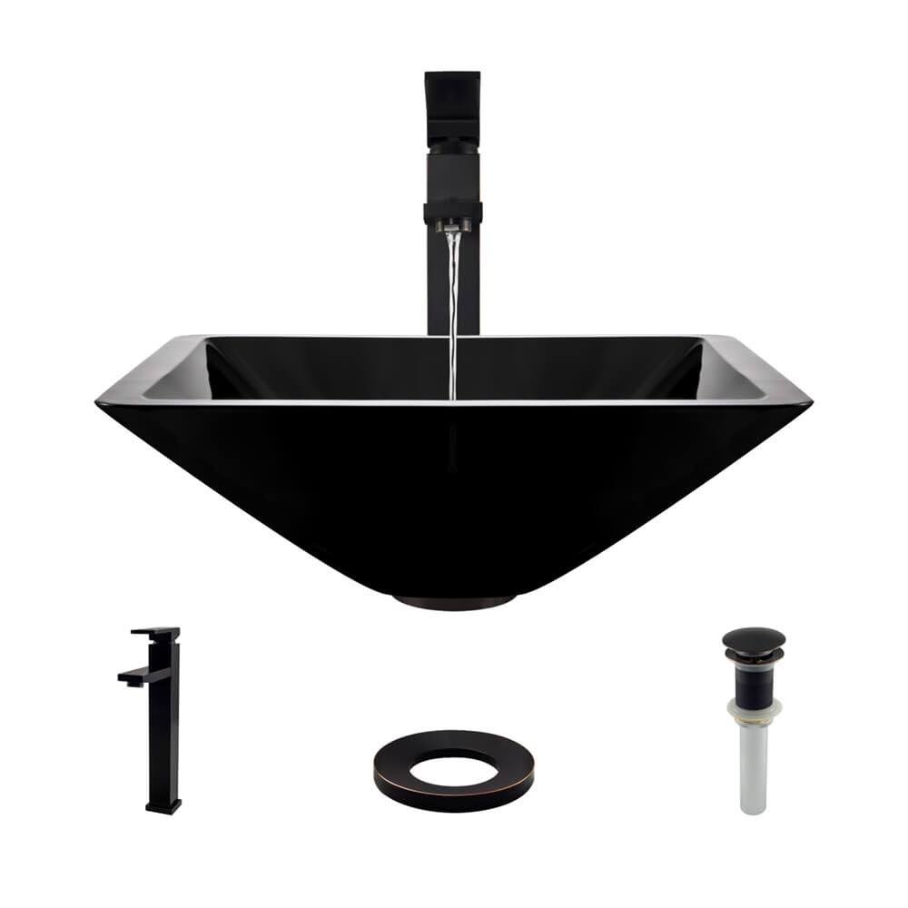 16-1/2x22 Glass Vessel Bathroom Sink with Vessel Faucet Noir Dark Q343216
