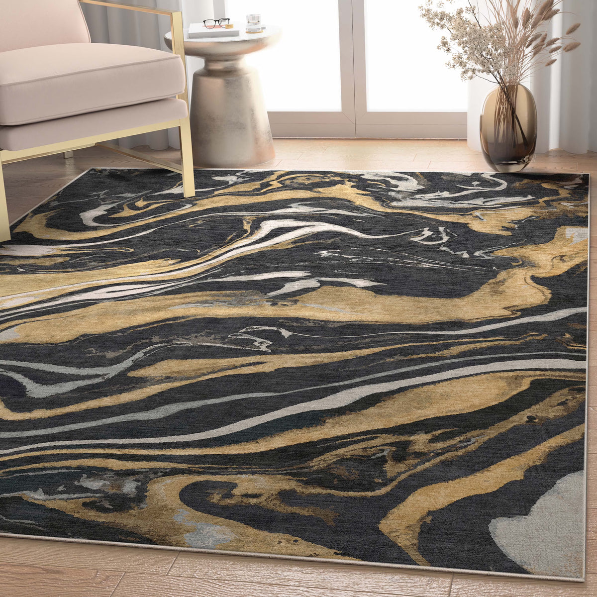 Black Gold Flatweave Area Rug O95694