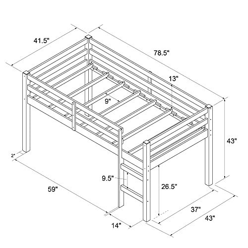 Black Twin Pine Wood Loft Bed with Guard Rail Z6067