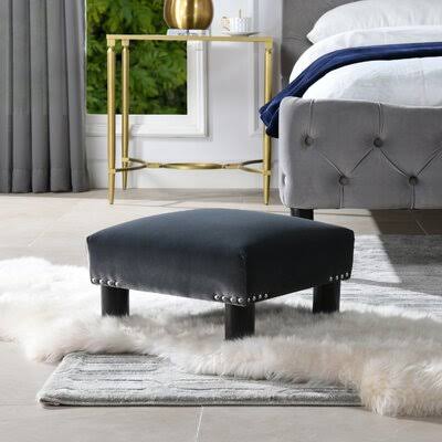 Steel Gray Velvet Square Footstool Ottoman K3866