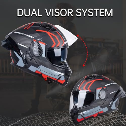 Matt Black Red Full Face Modular Motorcycle Helmet P680