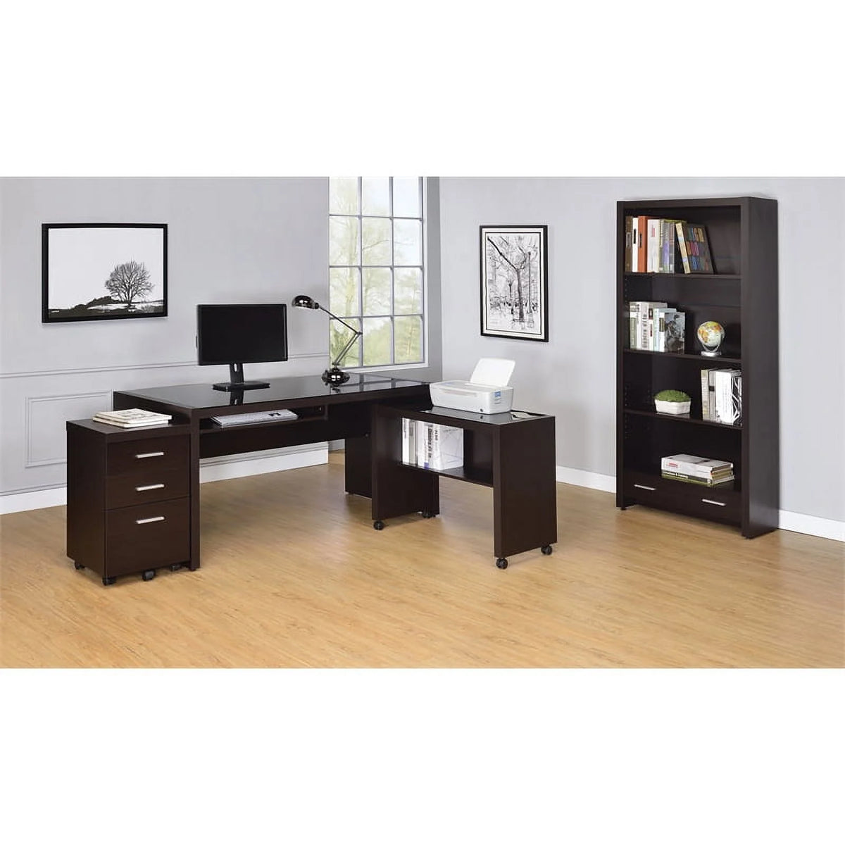 4 Piece Set with Desk Mobile File Cabinet Office Chair and Bookcase R9976