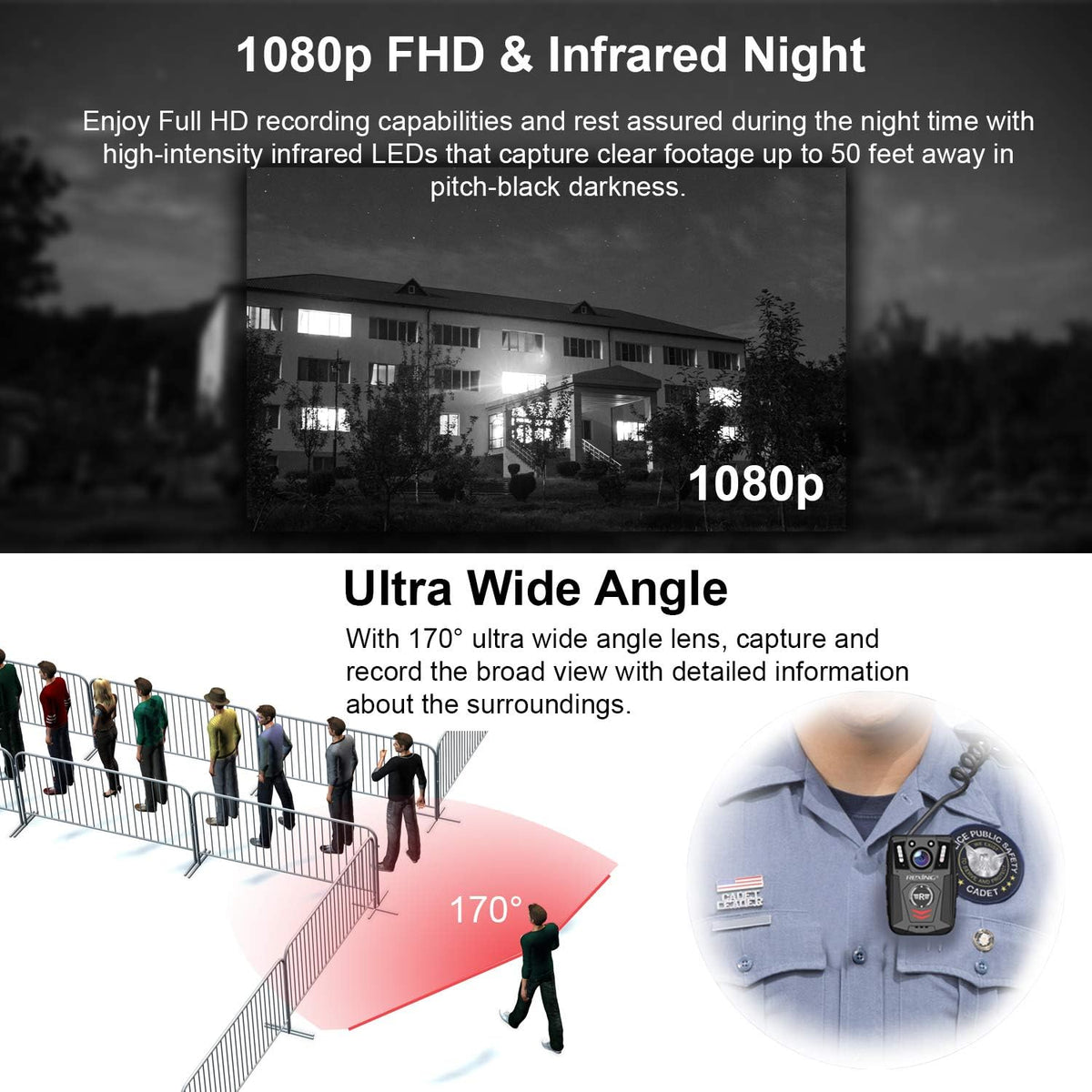 Body Worn Camera with 2” Display 1080p Full HD, 64G Memory, Infrared Night Vision, 3000 mAh Battery, Waterproof U640274