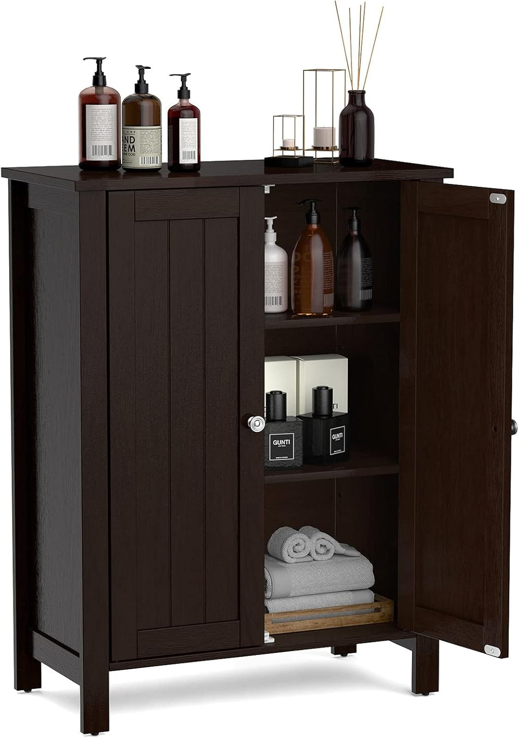 Grey Wooden Bathroom Floor Cabinet with 3-Tier Adjustable Shelf and Double Doors R978143