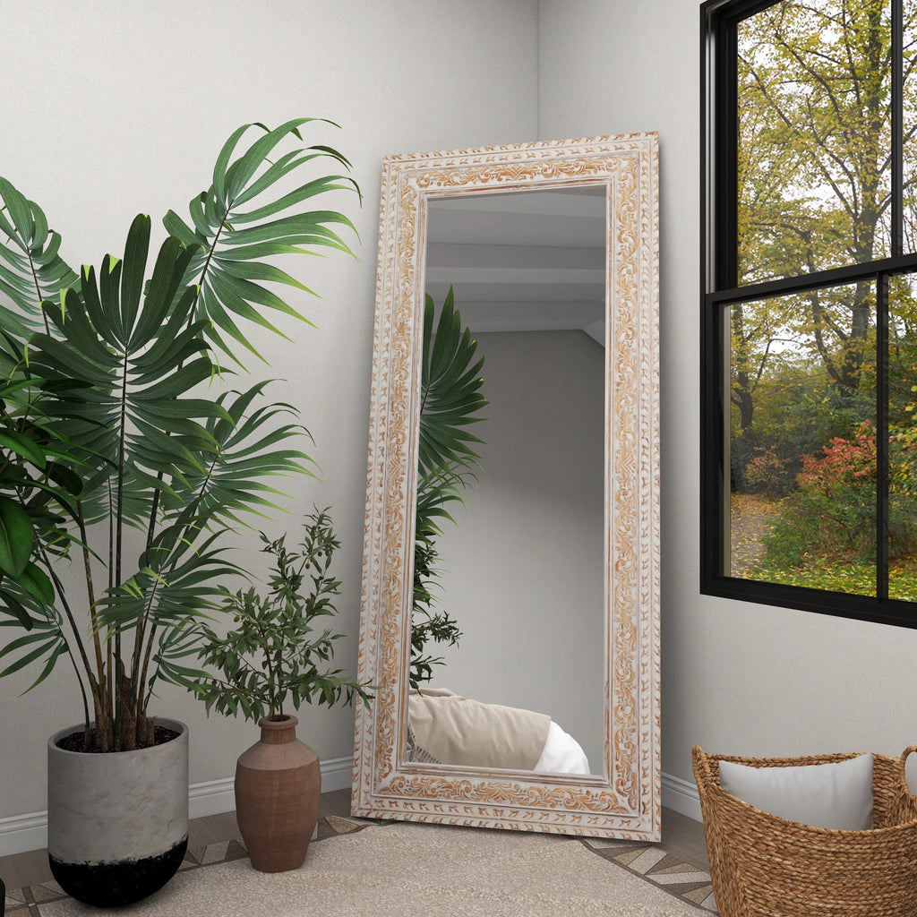 White Carved Floral Wall Mirror R845881