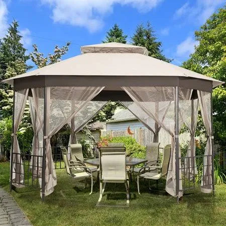 Beige Patio Gazebo Canopy Shelter with Netting Sidewalls H375