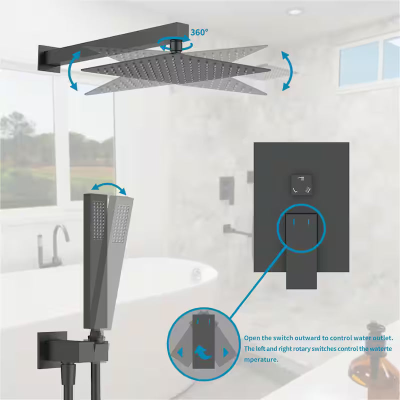 3-Spray Hand Shower Tub and Shower Faucet with 12 in. Rain Shower Head in Matte Black E7374